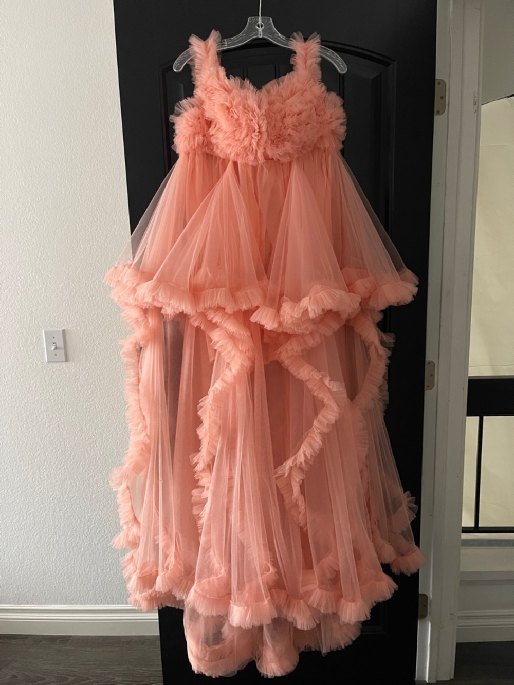 Peach Tulle Maternity Gown S /M Baby Shower Photoshoot Dress Ruffle Lace Up Back - Picture 3 of 10